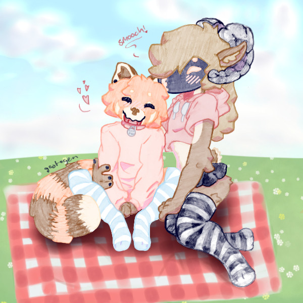 on a picnic table, laine and beau are cuddling while dressed in thigh highs and sweatshirts