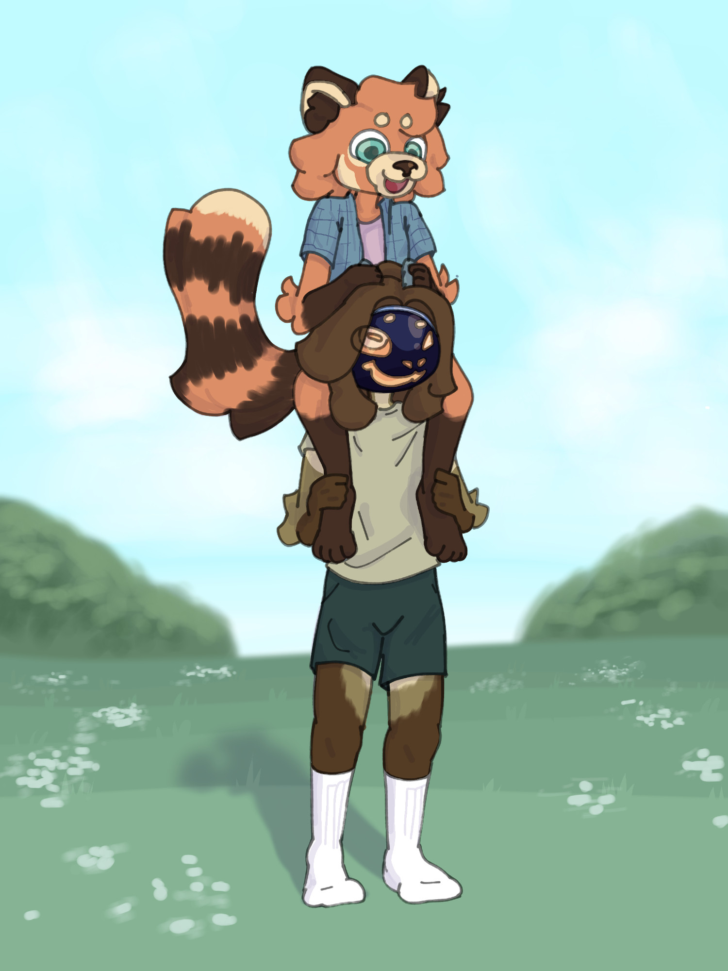 in a grassy field, a laine (a goat proto) is holding beau on his shoulders as beau looks down in excitement